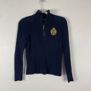 Lauren Ralph Lauren Navy Ribbed Quarter Zip Sweater Crest Logo Women's M Y2K